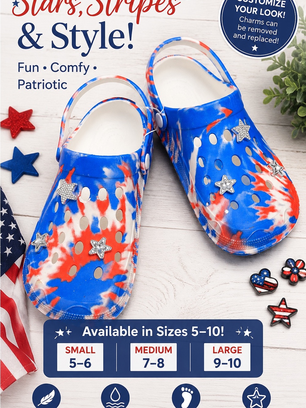 Patriotic Tie-Dye Star Charm Mules - Blue/Red/White